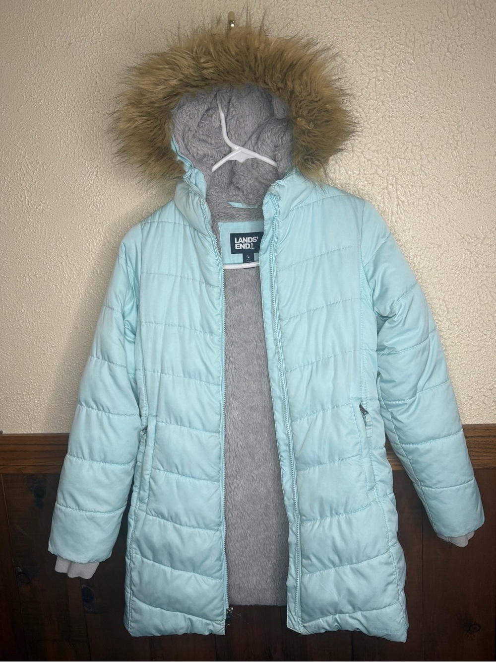 Lands' End Light Aqua Girls' Puffer Coat with Faux Fur Hood